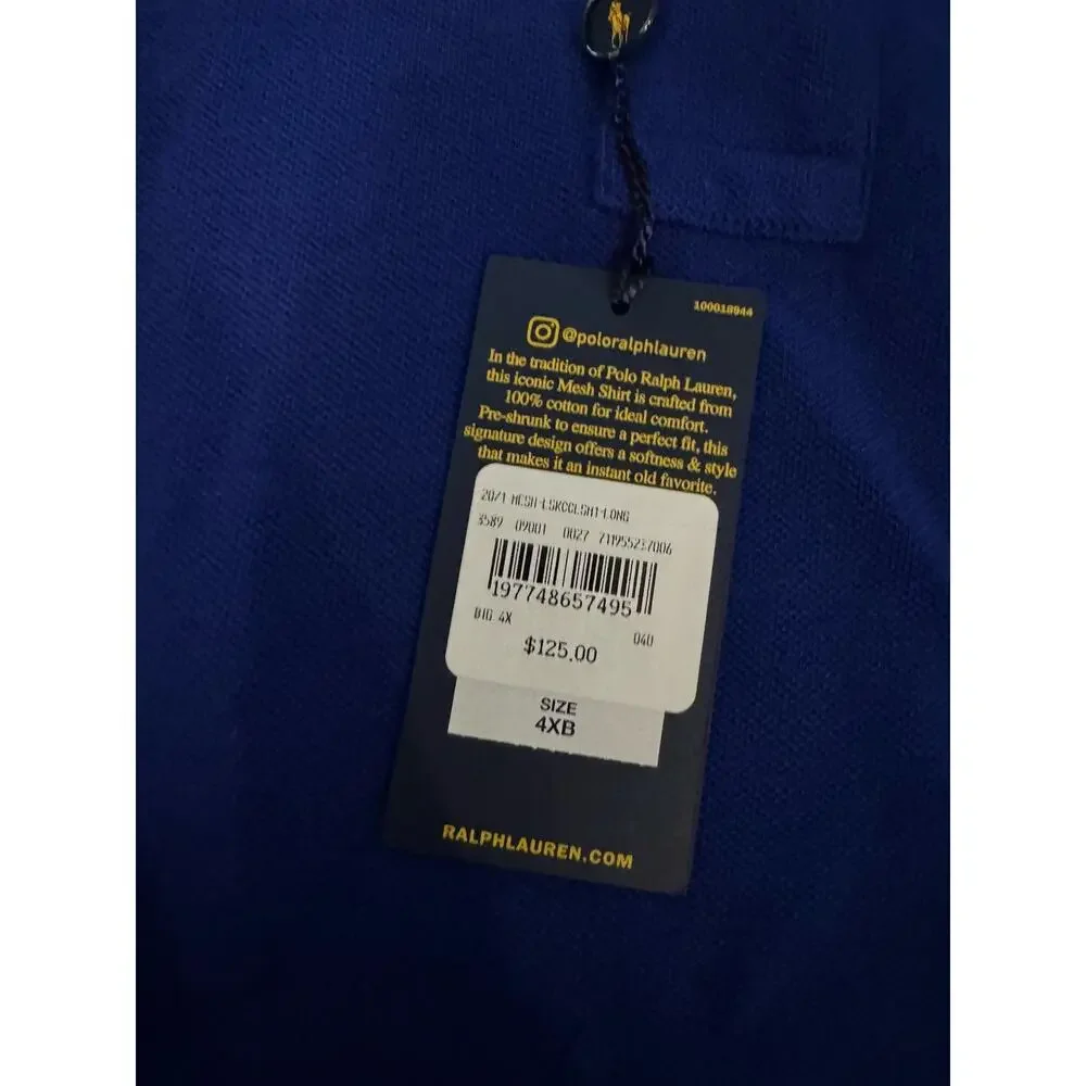 Polo Ralph Lauren Mesh Polo Shirt 4XB Big & Tall Long Sleeve Pony Blue NEW